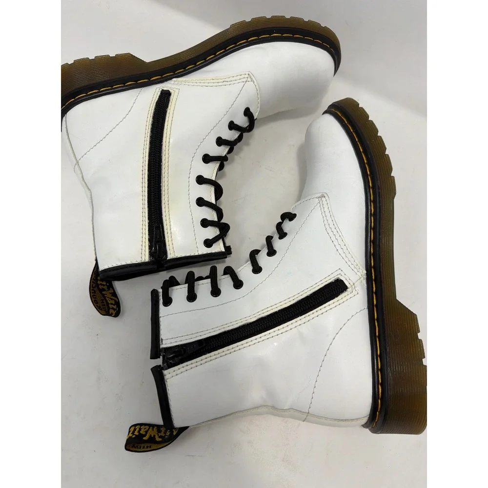 Dr Martens 1460 Y White Leather Lace Up Zip Boots Kids‎ Size 5 US Youth